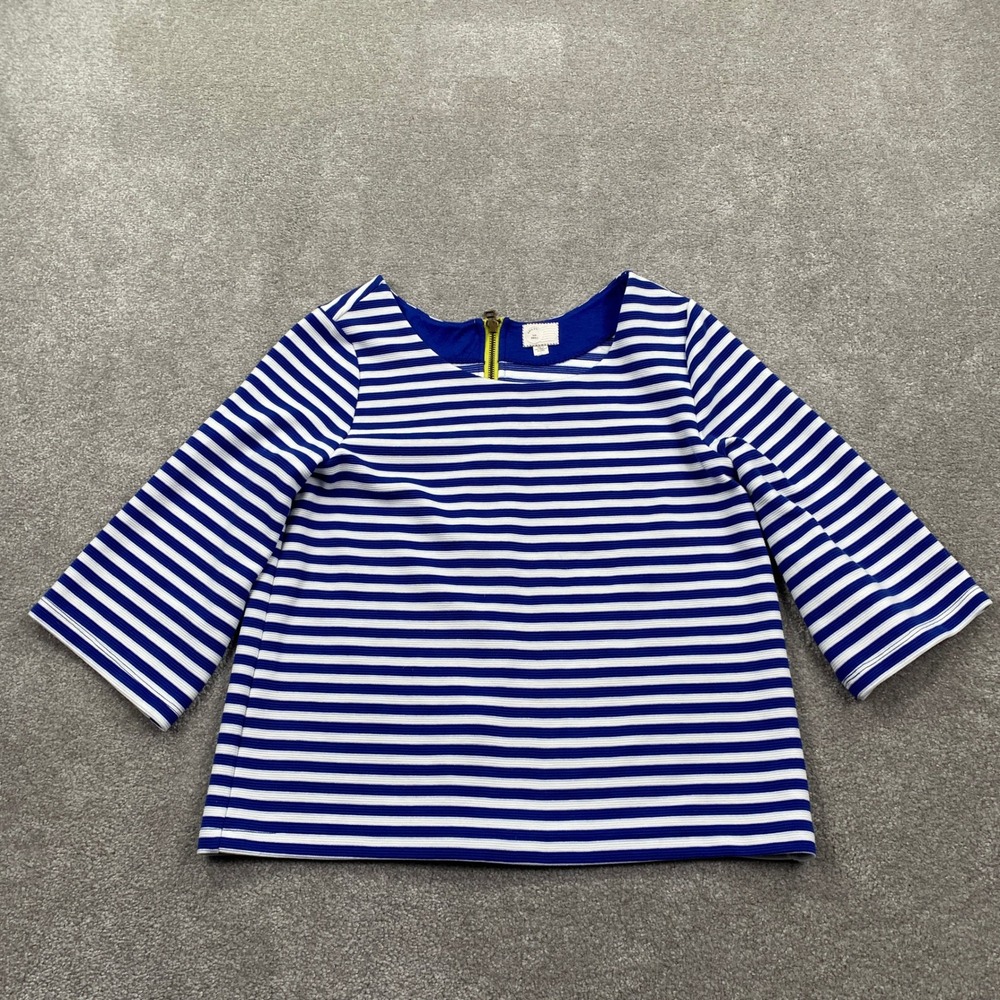 Postmark Anthropologie Striped Top Womens Small Blue White Neon Back Zip 3/4 Slv
